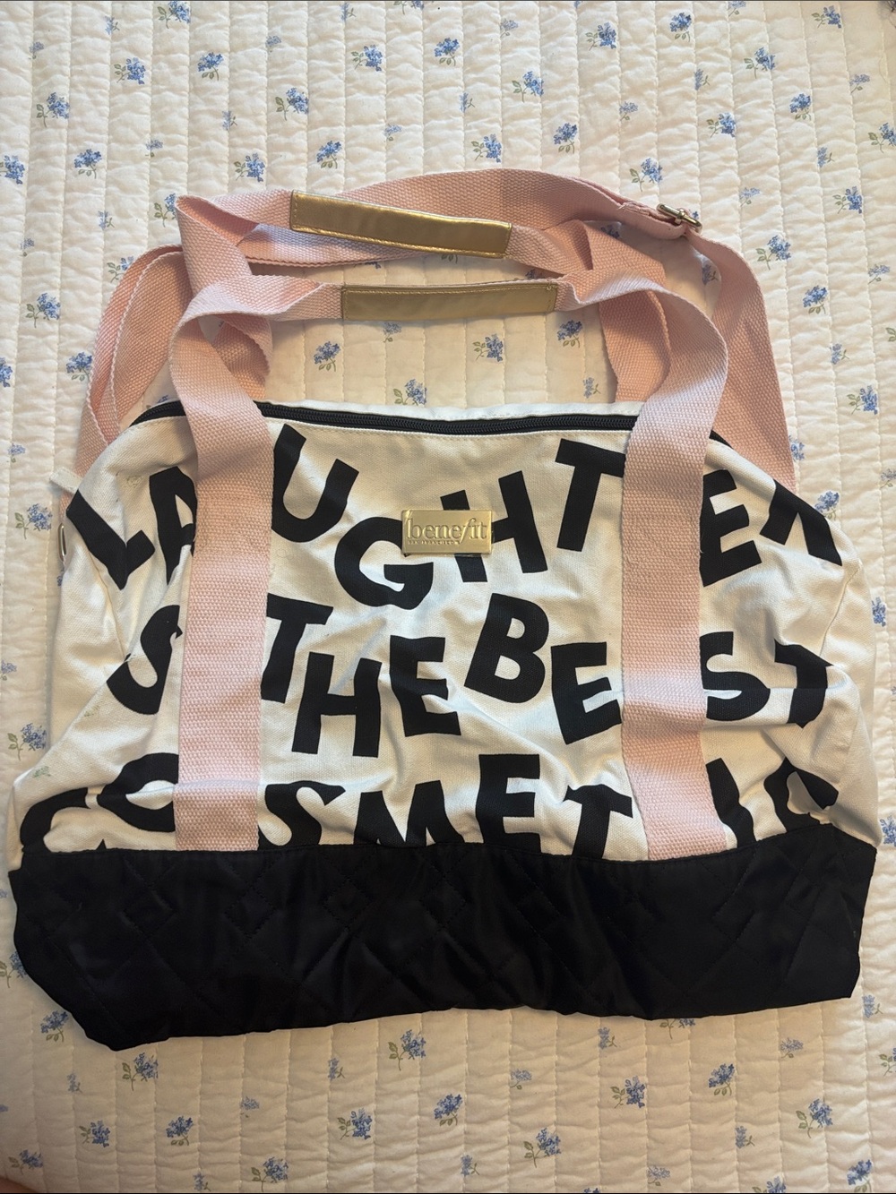 Benefit White Canvas Tote with Pink Straps and Black Base